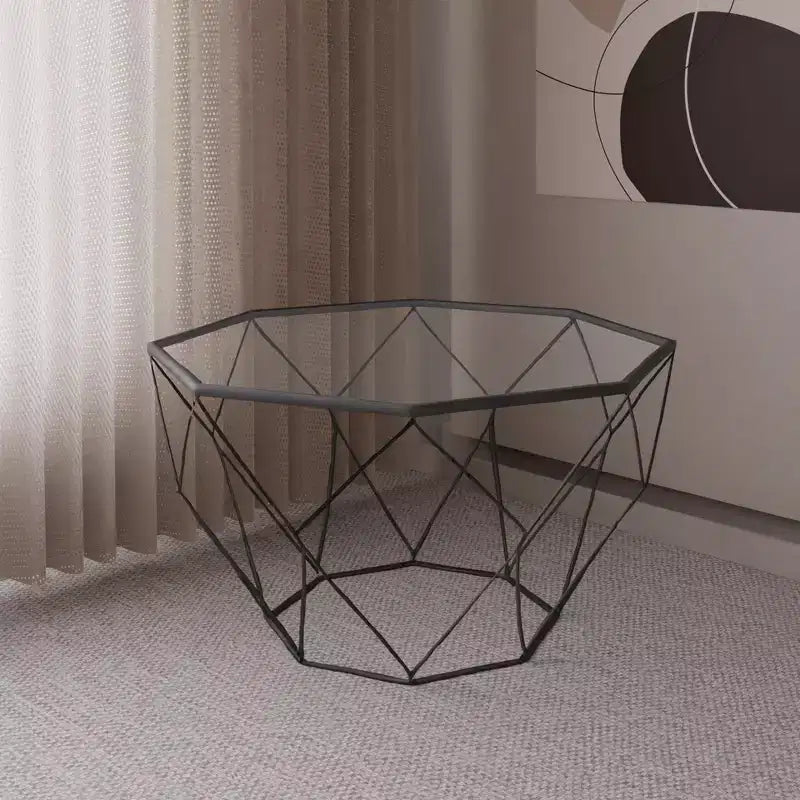 Tavolino da Caffè Moderno Ottagonale con Piano in Vetro e Struttura Geometrica in Ferro – 73 cm