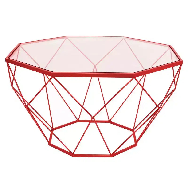 Tavolino da Caffè Moderno Ottagonale con Piano in Vetro e Struttura Geometrica in Ferro – 73 cm