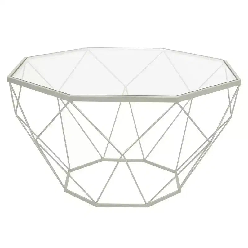 Tavolino da Caffè Moderno Ottagonale con Piano in Vetro e Struttura Geometrica in Ferro – 73 cm