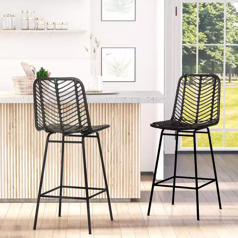 Sgabelli da bar moderni in rattan e vimini con base in acciaio – Set da 2, stile Bohemien