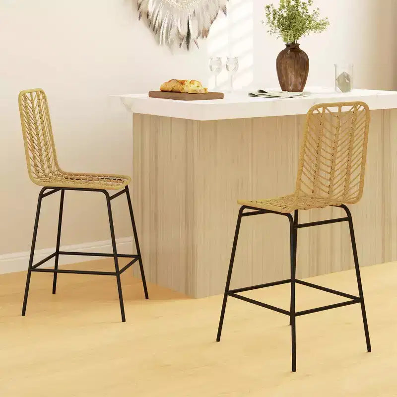 Sgabelli da bar moderni in rattan e vimini con base in acciaio – Set da 2, stile Bohemien
