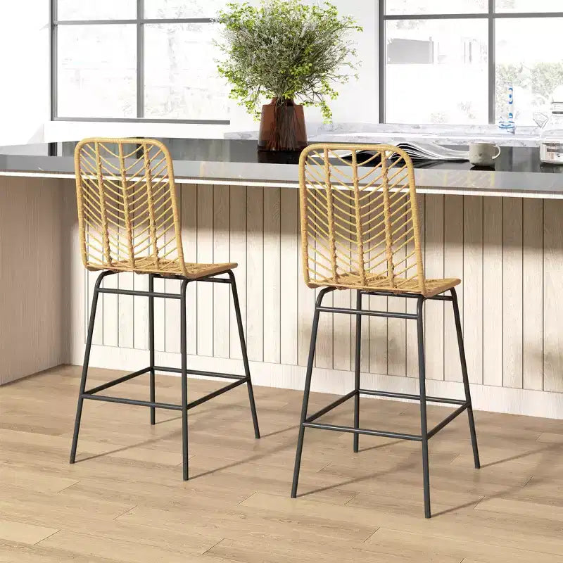 Sgabelli da bar moderni in rattan e vimini con base in acciaio – Set da 2, stile Bohemien